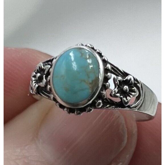 Natural Blue Cabochon Turquoise Open Floral Sterling Silver 925 Ring Size 8.25 - Picture 2 of 11